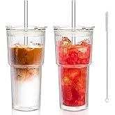 KEMORELA Iced Coffee Cups with Lids 20oz Ribbed Double Wall Glass Cups with Lids and Straws 2PCS, Coffee Bar Accessories， Insulated Borosilicate Glass Tumblers, To Go Coffee Cups, Spill proof tumbler