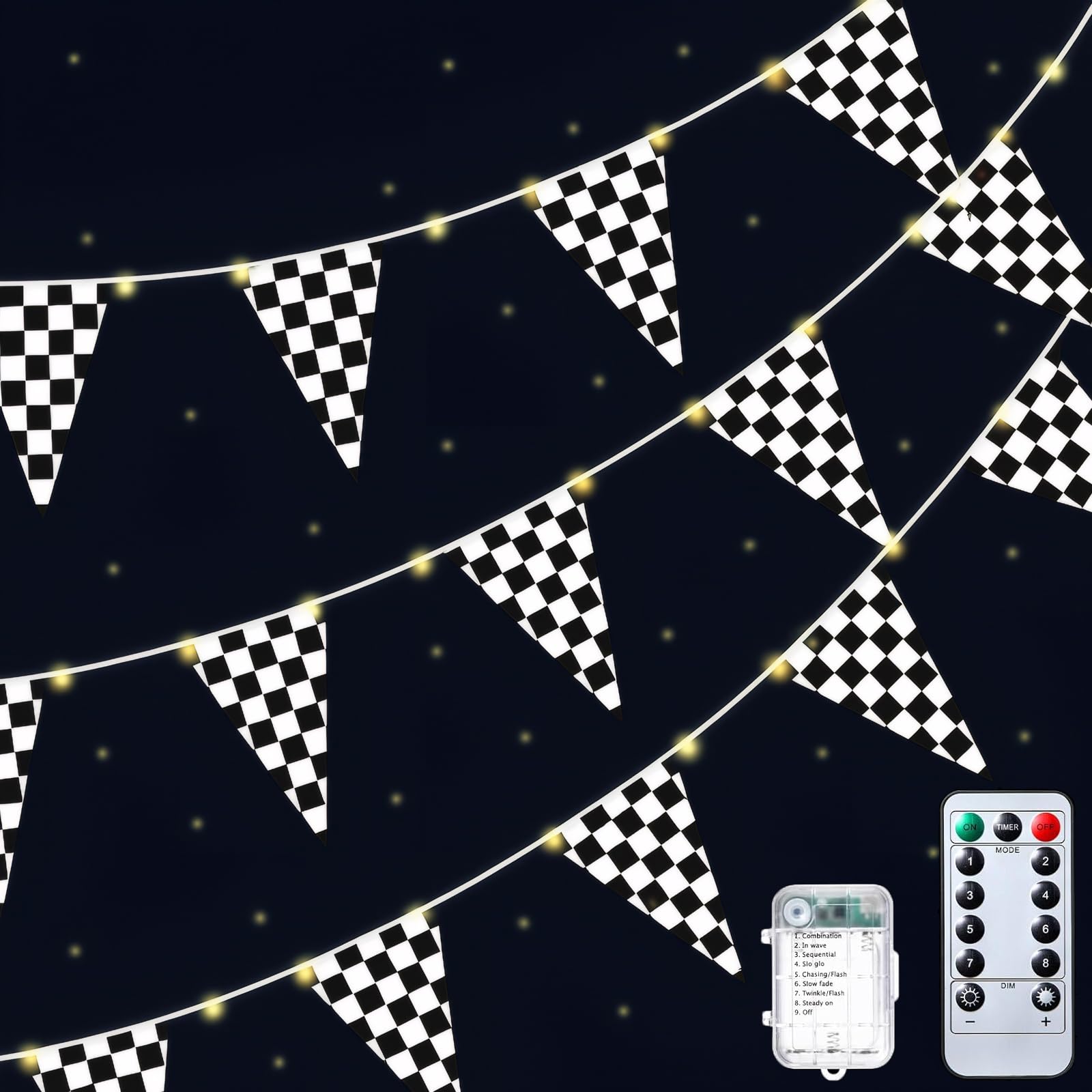 Photo 1 of Checkered Flag Banner 32.8ft Black & White Racing Pennant with 8 Flashing Modes for Race Car Party and Nascar Decorations