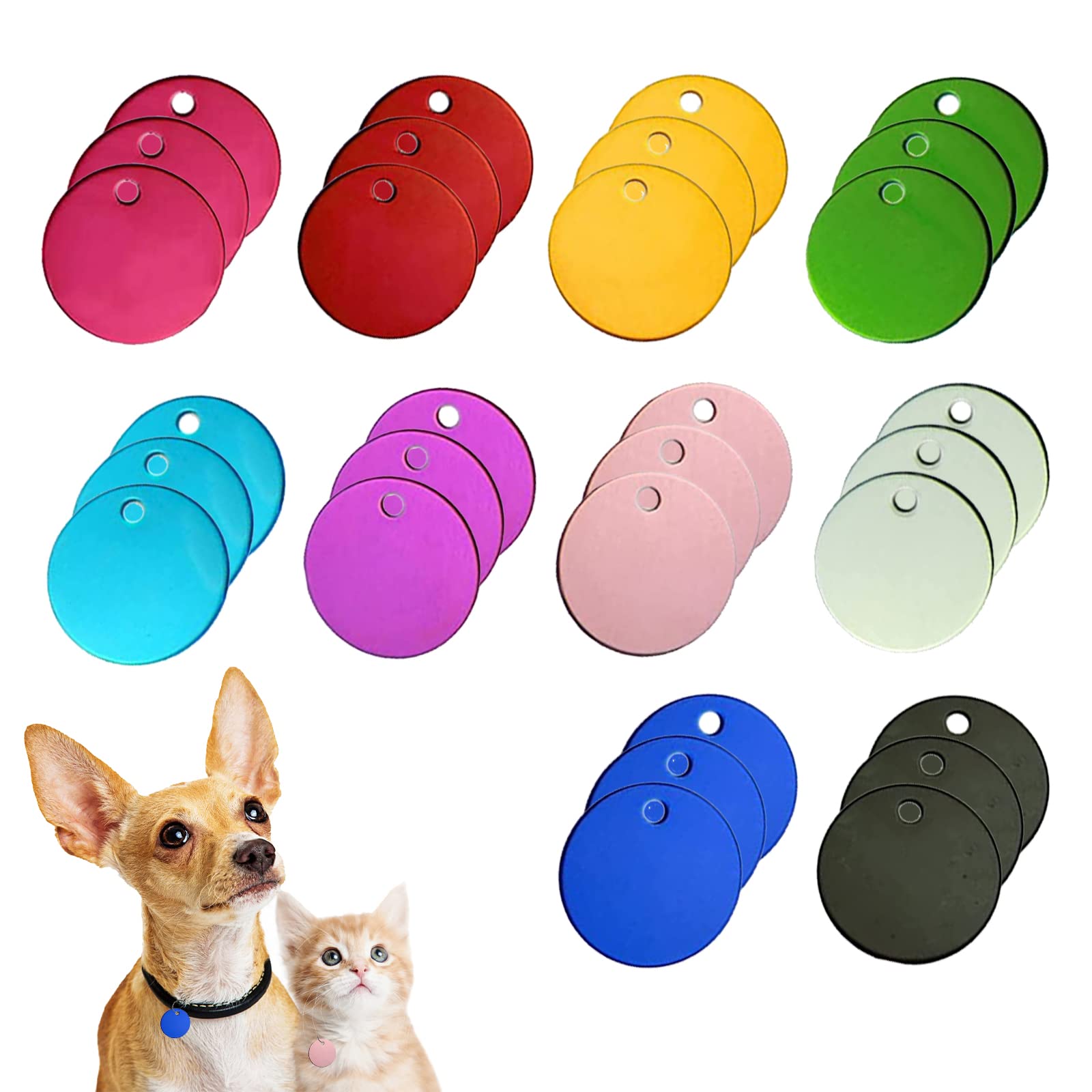 URROMA 30 PCS Round Blank Pet ID Tags, Mixed Color Dog ID Tags Double Side Pet Name Phone Number ID Tags Key Rings for Dogs and Puppy, 0.98 * 0.98"