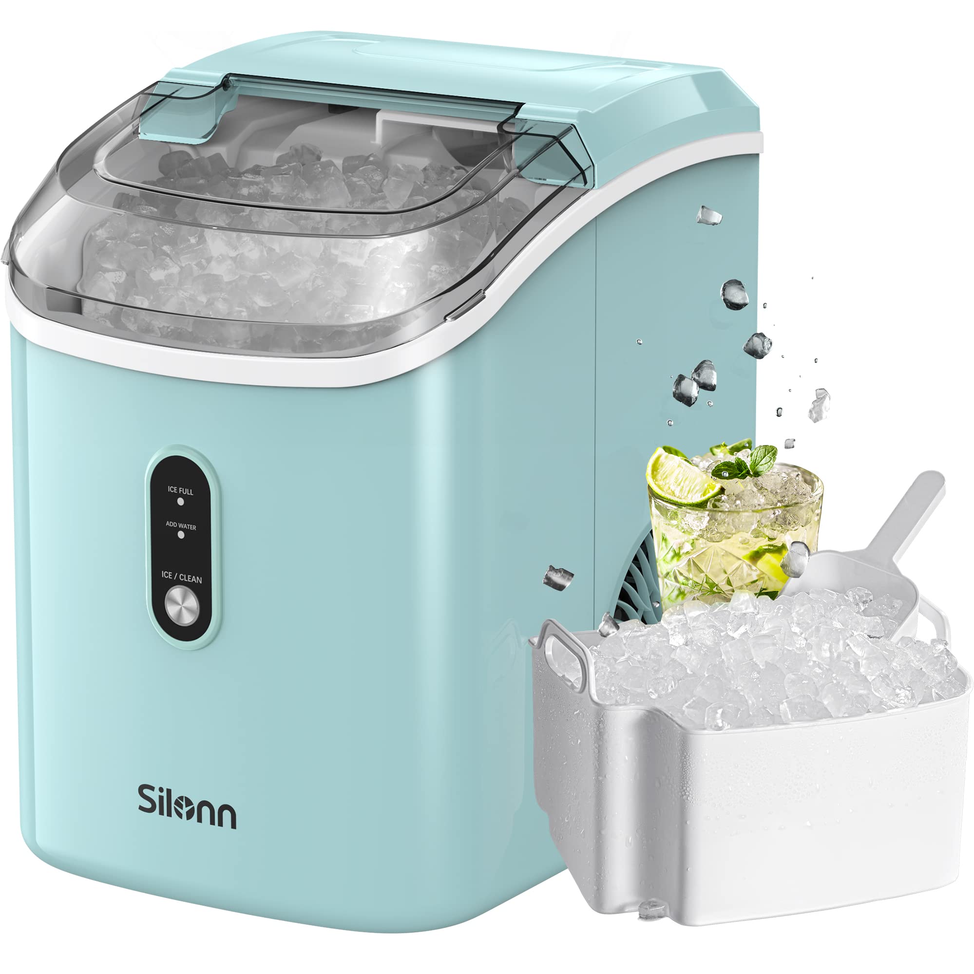Photo 1 of Nugget Ice Maker Countertop, Silonn Chewable Pellet Ice Machine with Self Cleaning Function, Pebble Portable Ice Maker with Ice Scoop for Home Kitchen Office, Green