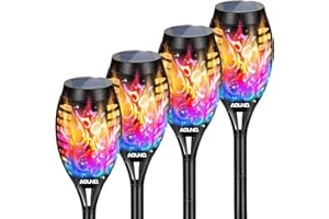 AOUNQ Solar Lights Outdoor Waterproof Multicolor, Upgraded 4 Pack Color Solar Torch Lights Outdoor Flickering Flame, Mini Solar Outdoor Garden Lights Tiki Torches for Outside Patio Yard Pathway Decor