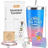 Teacher Appreciation Gifts for Women, 20 Oz Blue Pink Stainless Steel Tumbler Cup, Big Heart Coffee Tumbler Mug with Lid, Best Thank You Teacher Gift Box for Her Educators Thanksgiving Christmas Gifts