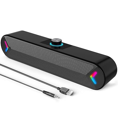 LENRUE Computer Speakers,PC Speakers for Desktop,Wired USB-Powered Sound-bar for Computer with 10W Stereo Sound and Colorful Light,Plug-n-Play (A39PRO /Black)