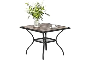 Outsunny Outdoor Dining Table for 4, 37" Square Outdoor Patio Table with Umbrella Hole, Storage Shelf and Faux Wood Top, Meta