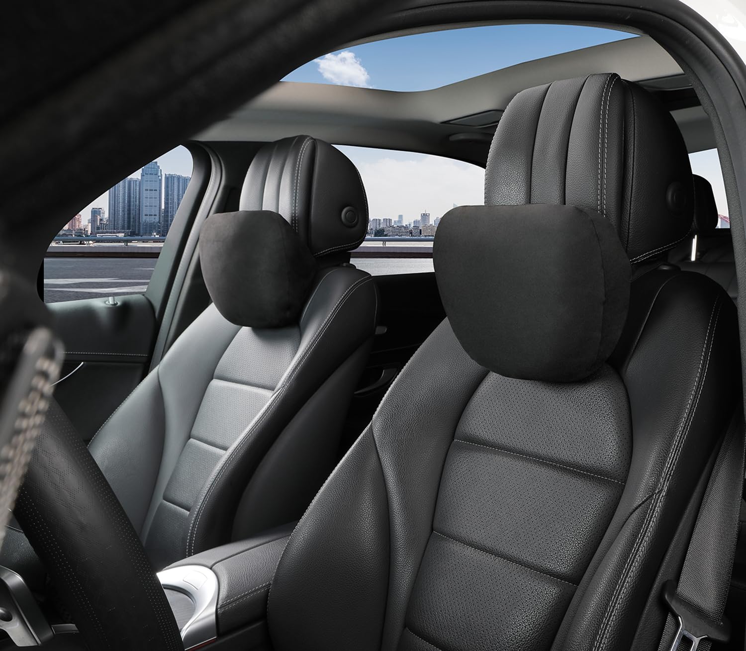 POKSRI 2pcs Car Neck Pillow for headrests,Support Drive Seats Head cushion Pillows,Superfiber Suede,Plant-Based Polyester,Thickness & height adjustable,11.8x7.5,Inner liner fillable (Black Color)