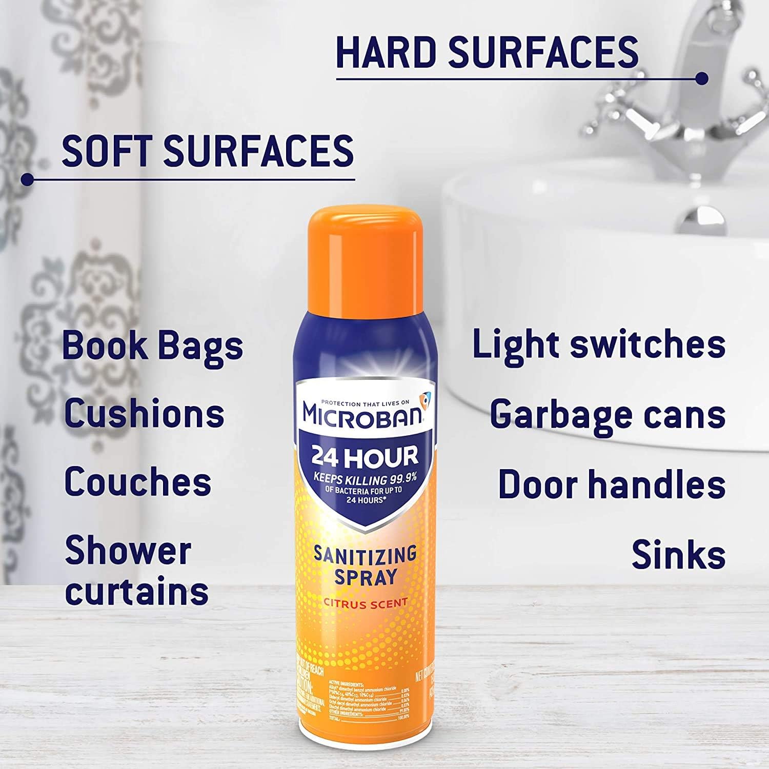 Microban Disinfectant Spray, 24 Hour Sanitizing and Antibacterial Spray, Sanitizing Spray, Citrus Scent, 2 Count, 15 fl oz Each: Health & Personal Care