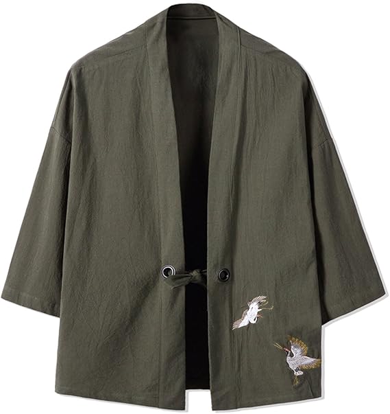 Kimono Cardigan Uomo Stile Giapponese - Giacca Leggera Con Motivo Gru Volante | Maniche Sette E Chiusura A Bottone - Foto 4