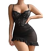 Vicarly Sexy Corset Bodycon Ruffle Floral Lace Sheer Mesh Underwire Babydoll Lingerie Dress Set 2 Piece with Thong