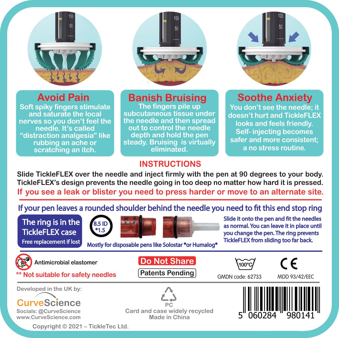 Insulin Pen Needle Injection Aid - Patent Pending Award Winning Universal Fit Add-on for Standard Pen Needles for Reducing Pain, Bruising and Anxiety - Made in UK (TickleFlex)