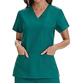VECARDI Women's Scrub Top Short Sleeve Medical Shirts Stretchy Soft Nurse Uniform V Neck Top Tee With 3 Pockets
