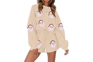 VILOVE Christmas Sweat Shorts Sets Women 2 Piece Merry Xmas Jolly Sequin Outfit Oversized Casual Holiday Lounge Matching Set