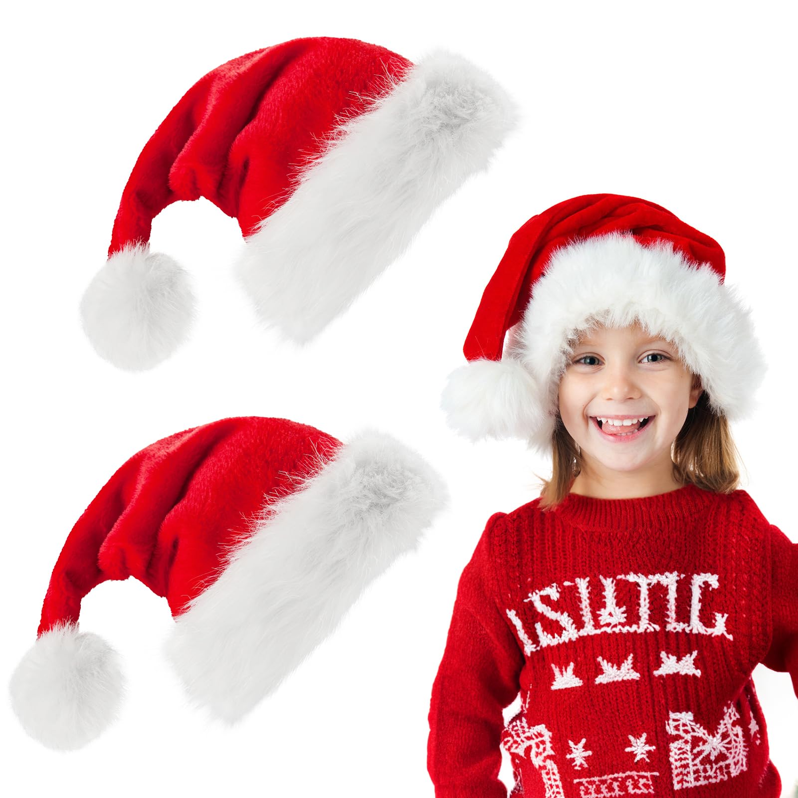 Micacorn Kids' Santa Hats - 2 Pcs Plush, Extra Thicken Soft, Classic Red & White for Christmas Costume Party Holiday Event