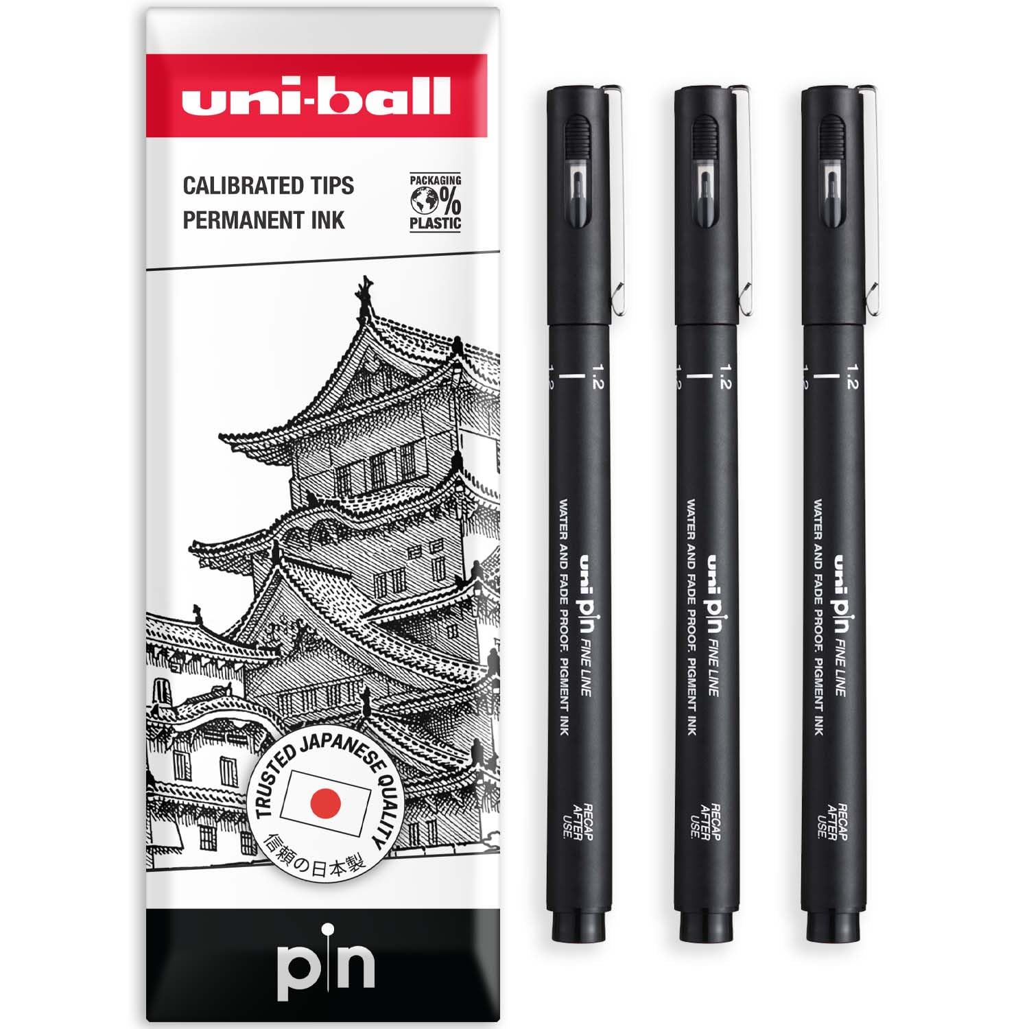 uni-ball PIN Fineliners | Black Fine Tipped Writing Pens | Water & Fade Resistant Ink | Ideal for Sketching, Scrapbooking, Outlining, Art, Technical Drawing | In Envelope Gift Bag (Pack of 3, 1.2mm)
