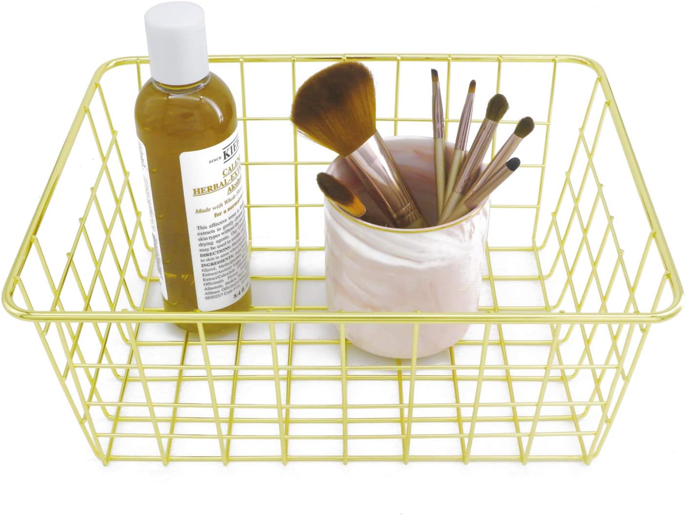 Metal Wire Storage Basket with Handles for Kitchen Food Pantry Papers Home Office Desk Basket Bathroom Laundry Room Basket Bedroom Bed Room, Gold
