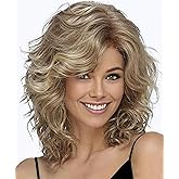 SEVENCOLORS Medium Length Blonde Curly Wigs for White Women Short Layered Wavy Bob Wigs Synthetic Hair Blond Wigs for Daily Party Cosplay