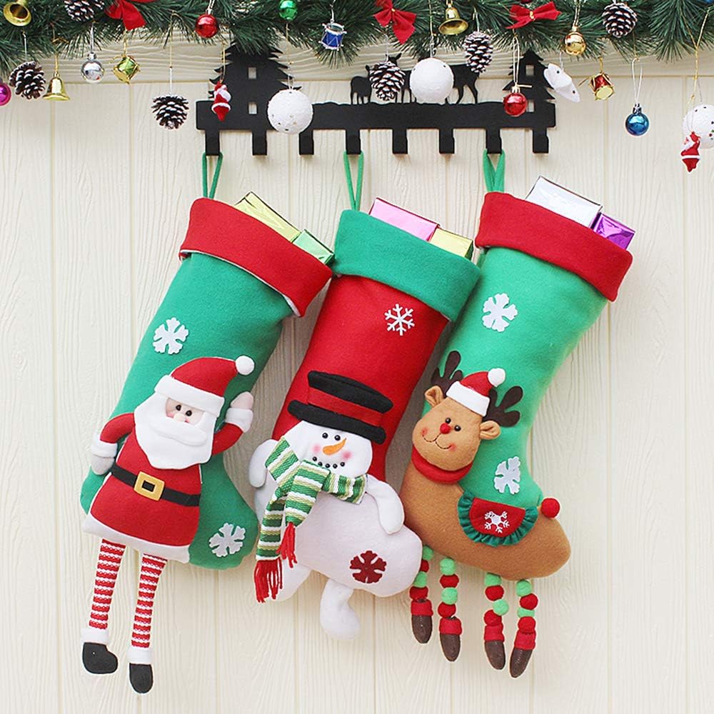 Sugaroom Christmas Stockings, Set of 3 Christmas Stockings Personalized 3D Santa Snowman Reindeer Xmas Fireplace Hanging Stocking for Christmas Decoration Xmas Holiday Party Decor Gift