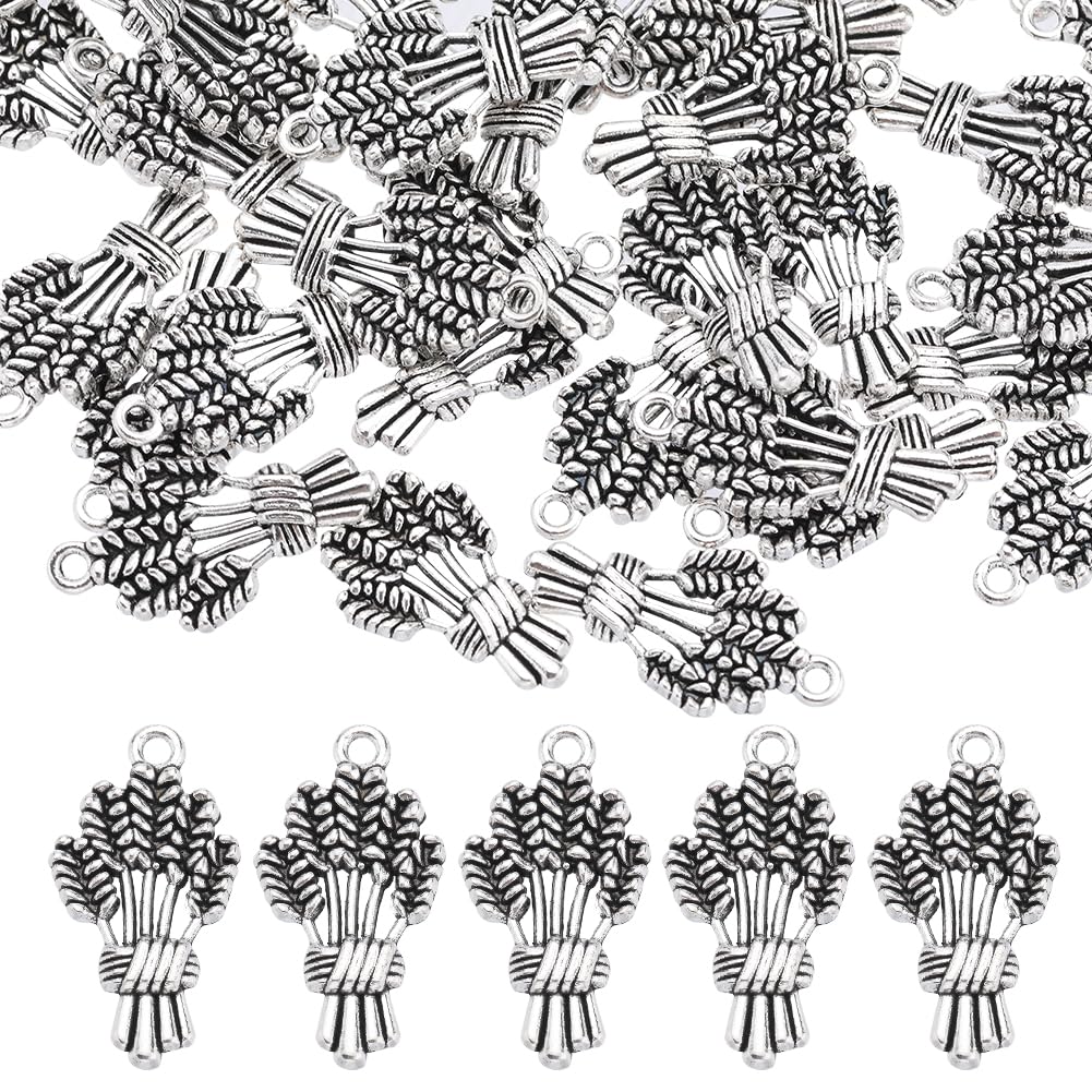 SUNNYCLUE 1 Box 50Pcs Thanksgiving Charms Wheat Charm Fall Harvest Autumn Charms Bulk Tibetan Style Antique Silver Wheat Spike Flower Wheat Ears Charm for jewellery Making Charms DIY Craft Supplies