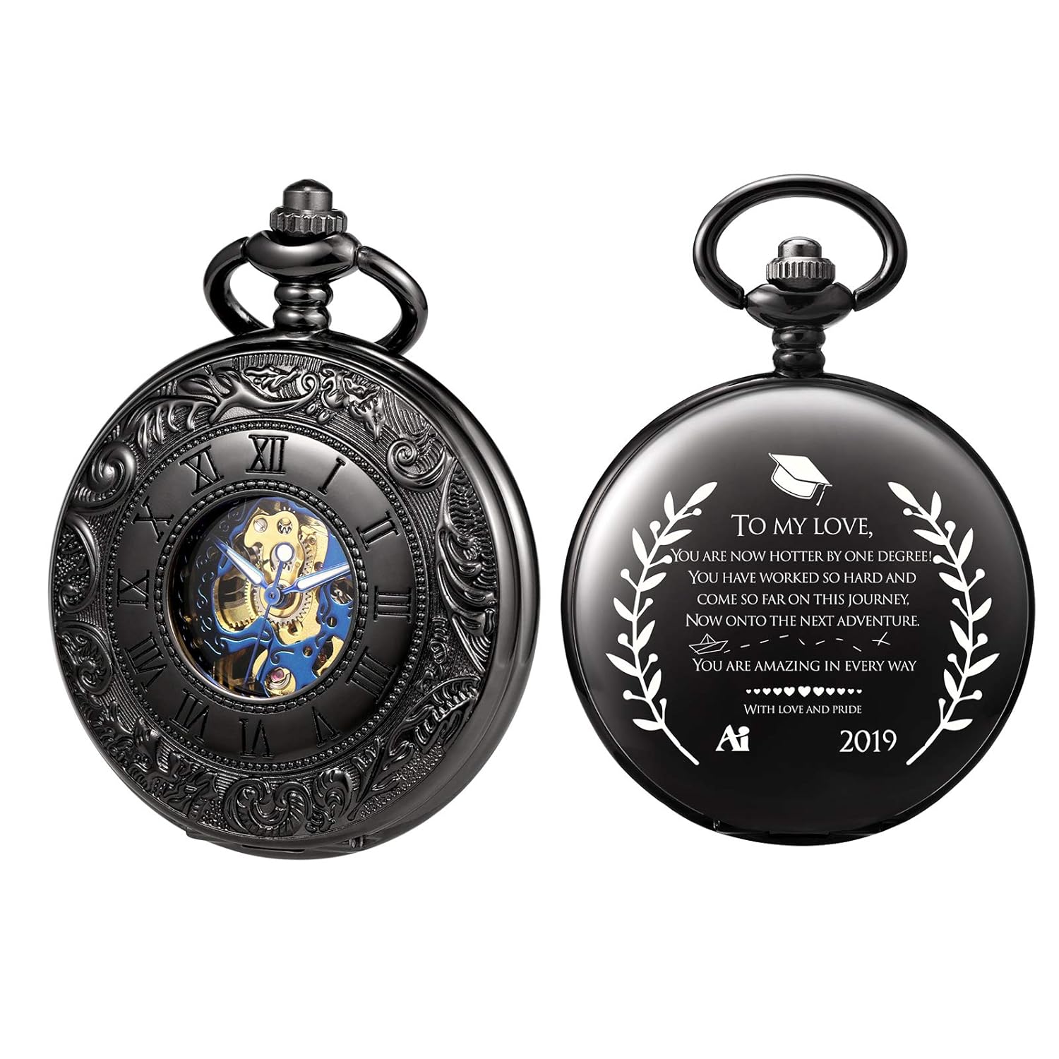 Buy TREEWETO Engraved Mechanical Pocket Watch Graduation Gift Doble Cover Roman Numerals Dial