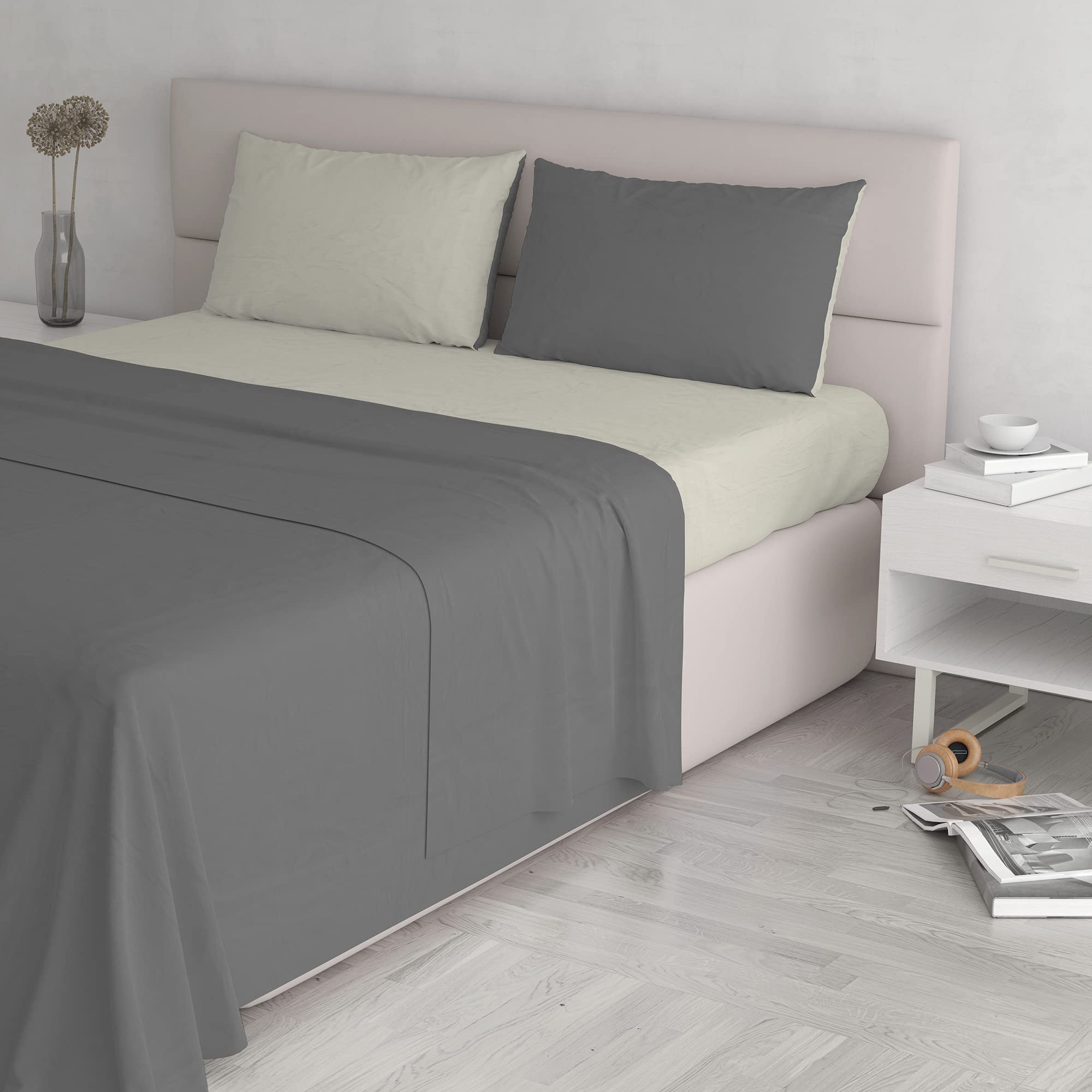 Italian Bed Linen Natural Colour Bed Sheet Set, Smoke Gray/Cream, Double