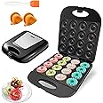 Mini Donut Maker Machine for Home, Kid-Friendly 16-Hole Electric Doughnut and Pancake Maker with Non-Stick Surface, Ideal for Homemade Doughnuts (Black with Mini Oven Gloves & Brush)