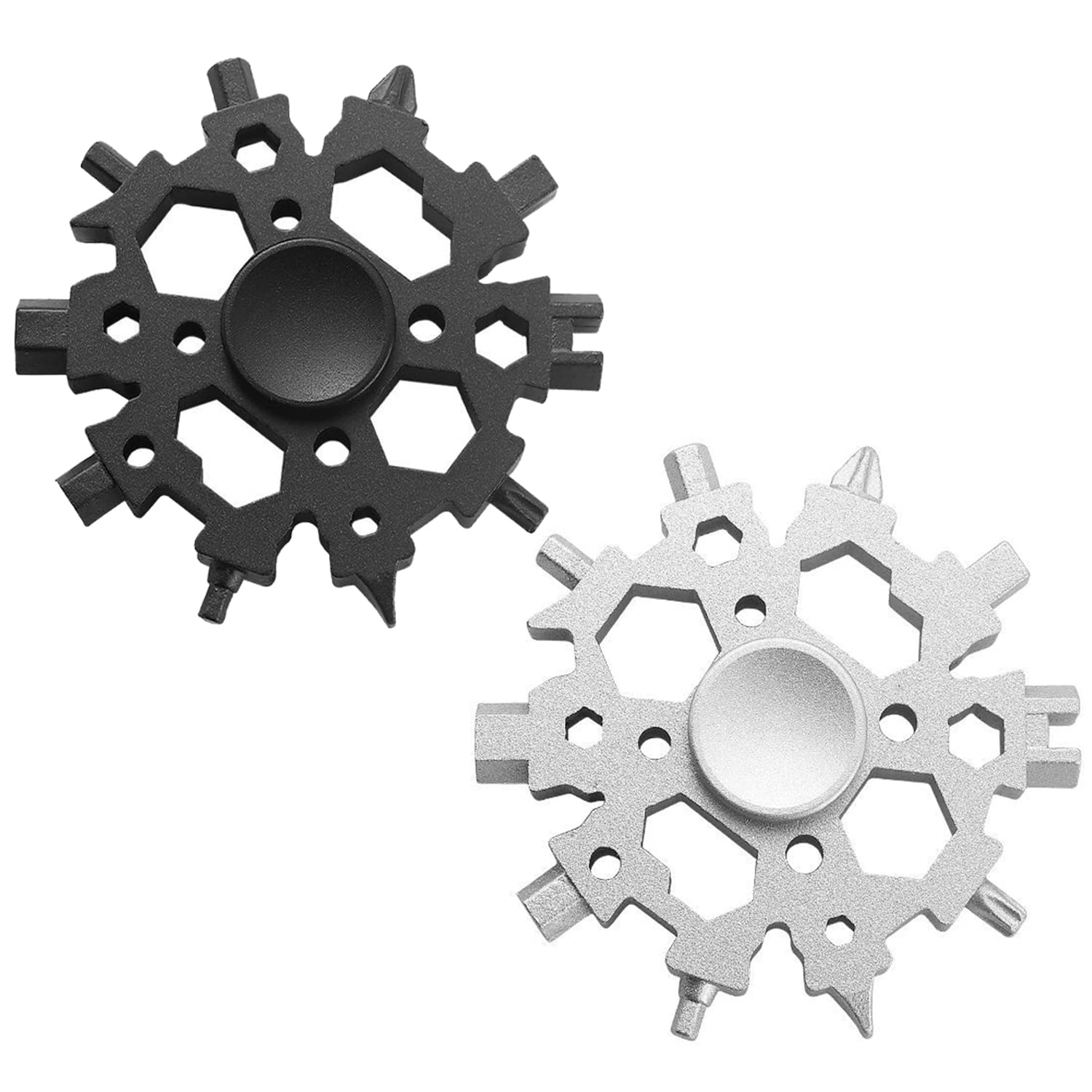 Aokelily 23-in-1 Snowflake Multi-Tool 2 Pack Stainless Steel Multitool Handy Bottle Opener Screwdriver Multifunctional Portable Gadgets Outdoor Camping Durable and Portable Gifts (Black+Silver)