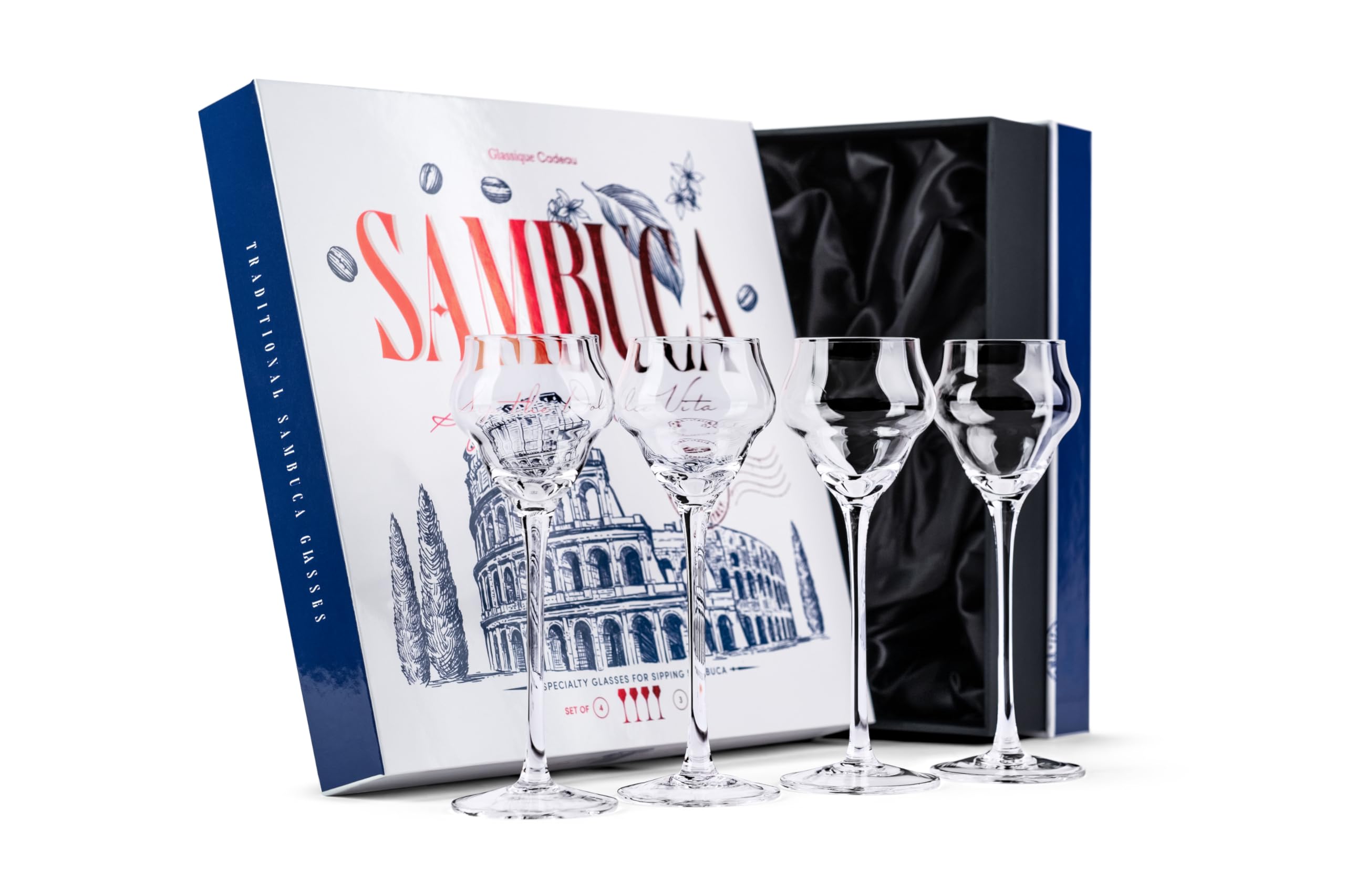 GLASSIQUE CADEAU Crystal Sambuca Glasses with Long Stem for Sipping Liqueur, Cordial, Digestive | Set of 4 | 90 ml Tall Stemmed Liquor Glassware for Aperitif, Amaro, Liqueur, Spirits