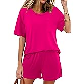 Ekouaer Women's 2 Piece Pajama Sets Short Sleeve Lounge Sets Soft Round Neck Top and Shorts Sleepwear