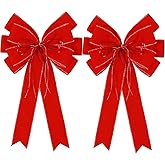 2 Pack Red Christmas Bows Outdoor Decorations,12”x20” Large Velvet Wreath Bow with Glitter String Gold Edge for Xmas Tree Topper Home Front Door Decor