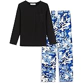 Arshiner Boys Loose-fit Pajamas Long Sleeve Black Top and Blue Camo Pants 2 Piece Pajama Set for Big Boys 7-8 Years