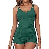 Aleumdr Women's Two Piece Tankini Swimsuit Tummy Control Bathing Suit V Neck Swim Tank Top with Boyshorts