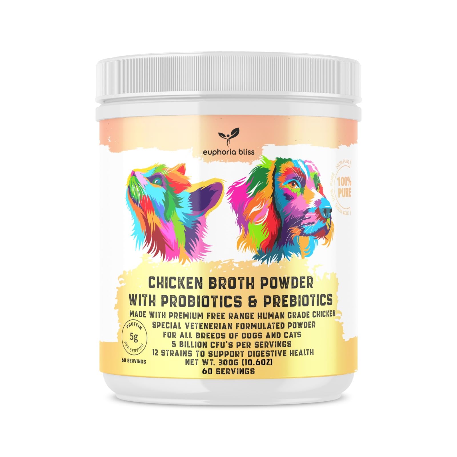 Chicken Bone Broth Probiotic & Prebiotic, For Dogs & Cats with Sensitive Digestion, Gut Health, Hip & Joint, All Ages and Breeds, High in Type II Collagen, Fibre & Essential Minerals, 60 Servings 300g