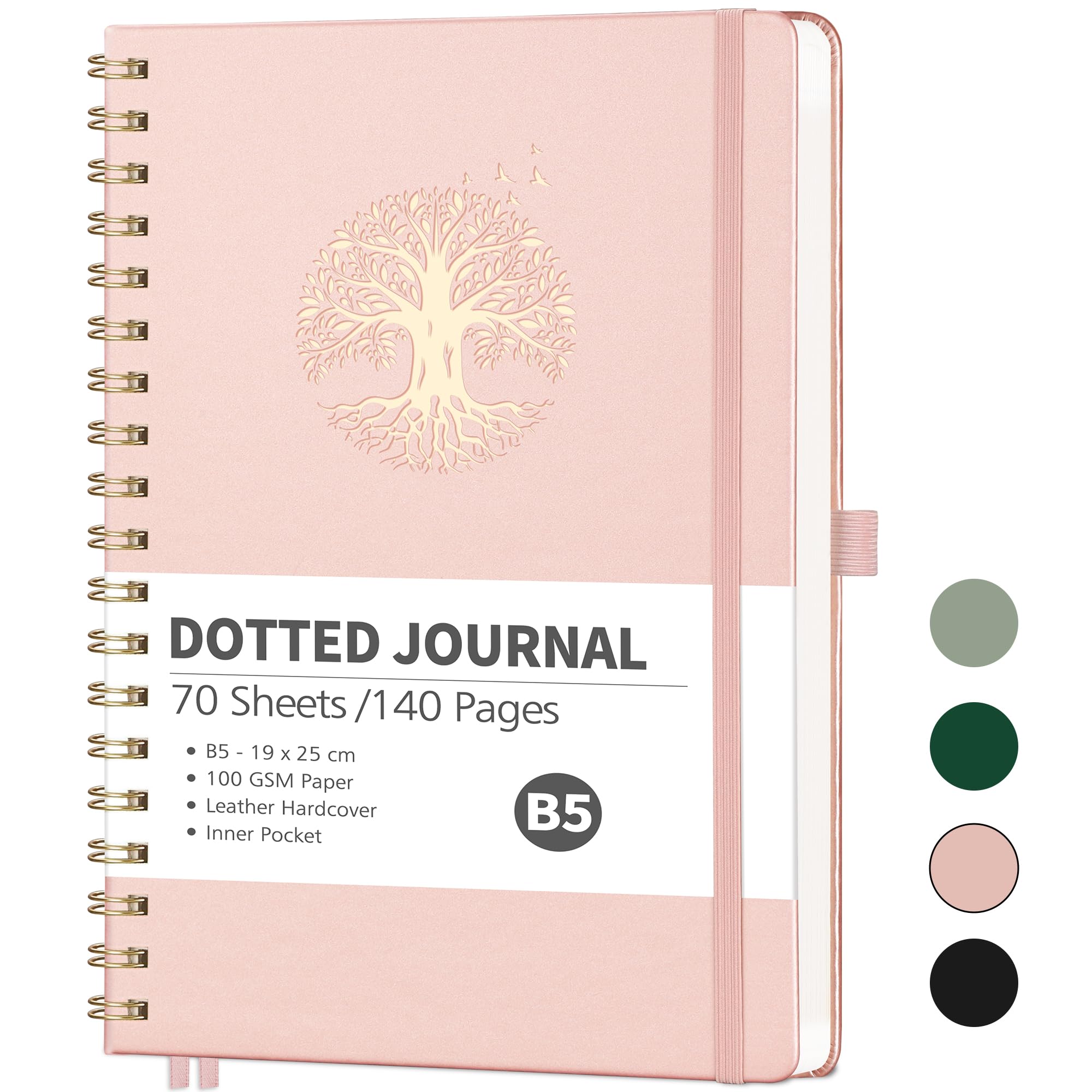 RETTACY Dotted Notebook B5 - Bullet Dot Journal Notepad for Writing,Spiral Note book 140 Pages /70 Sheets 100gsm Paper with Bookmark,Pen Loop,Journal Stencils,Inner Pocket - RoseGold