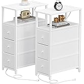 TUTOTAK Narrow Night Stand with Charging Station, Slim End Table with Plugins, Tall Side Table with 3 Fabric Drawer, Small Bedside Table with Storage, Set of 2, Living Room, Bedroom, White TB01BW073