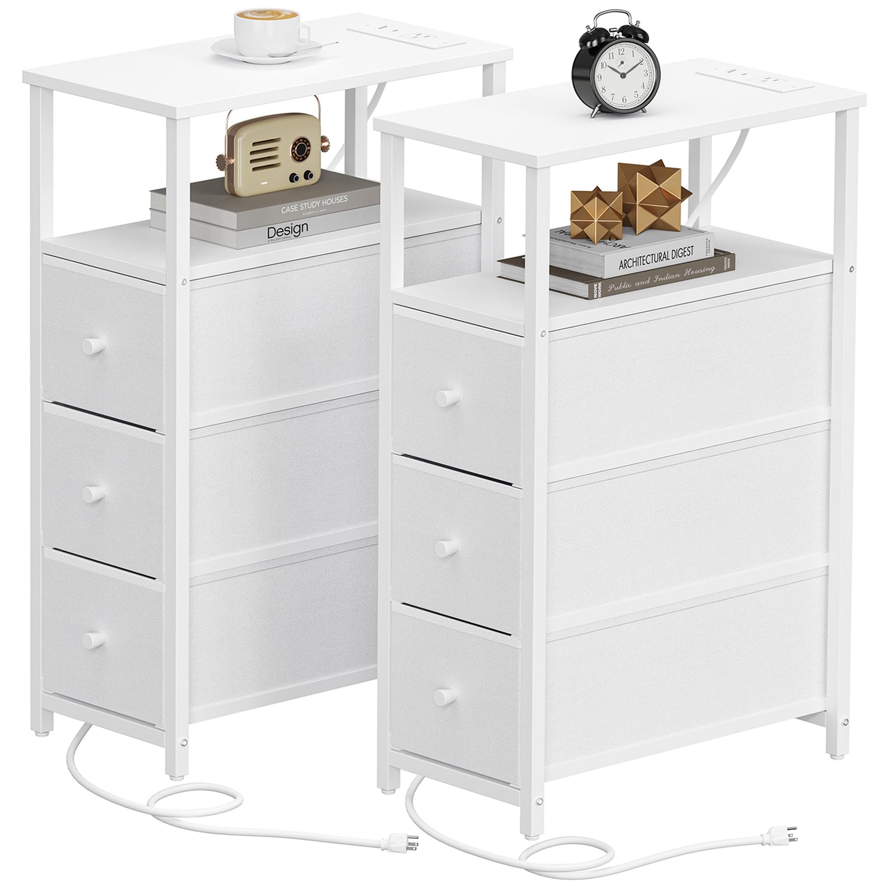 Photo 1 of TUTOTAK Narrow End Table with Charging Station, Side Table with Plugins, Tall NightStand with 3 Fabric Drawer, Small Bedside Table with Storage, Set of 2, Living Room, Bedroom, White TB01BW073