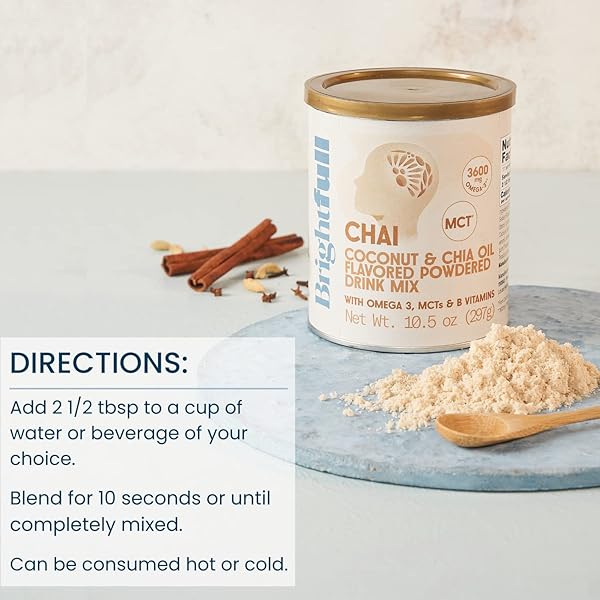 BRIGHTFULL CHAI, COCONUT, & CHIA OIL NUTRIENT BLEND – FLAVORED POWDERED DRINK MIX WITH OMEGA 3, MCTS, AND B VITAMINS (10.5OZ JAR)