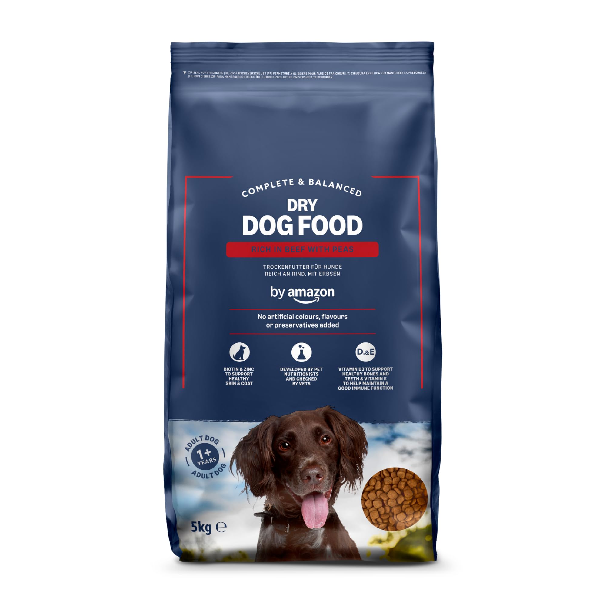 by Amazon - Complete Dry Dog Food for Adult Dogs, Rich in Beef with Peas, 1 Pack of 5kg