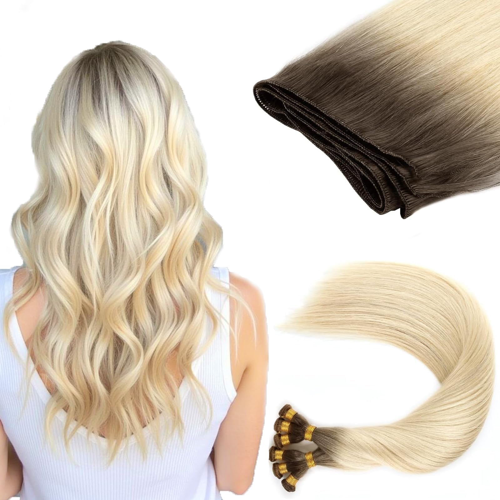 ABH AMAZINGBEAUTY HAIR Hand Tied Weft Hair Extensions Platinum Blonde With Dark Brown Sew in Weft Human Hair Rooted #R2-60 Straight Hair Bundles Double Weft Remy Human Hair 50 Gram 18 Inch — image 1