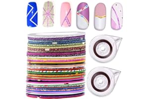 Beuniar Nail Striping Tape Line 40 Rolls Multicolor Glitter Matte Texture Decal Nails Art Adhesive Sticker Foil with 2Pcs Tape Roller Dispenser Holder