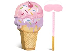 Capoda Pink Ice Cream Piñata Cute Dessert Cone Shaped Piñata with Stick Blindfold for Ice Cream Candy Birthday Party Summer Baby Shower Wedding Party Supplies Decor, 15.8 x 9.5 Inch