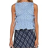 Women Polka Dot Boat Neck Crop Tank Top Sleeveless Split Tie Side Rushed Loose Fit Summer Vest Tops Streetwear