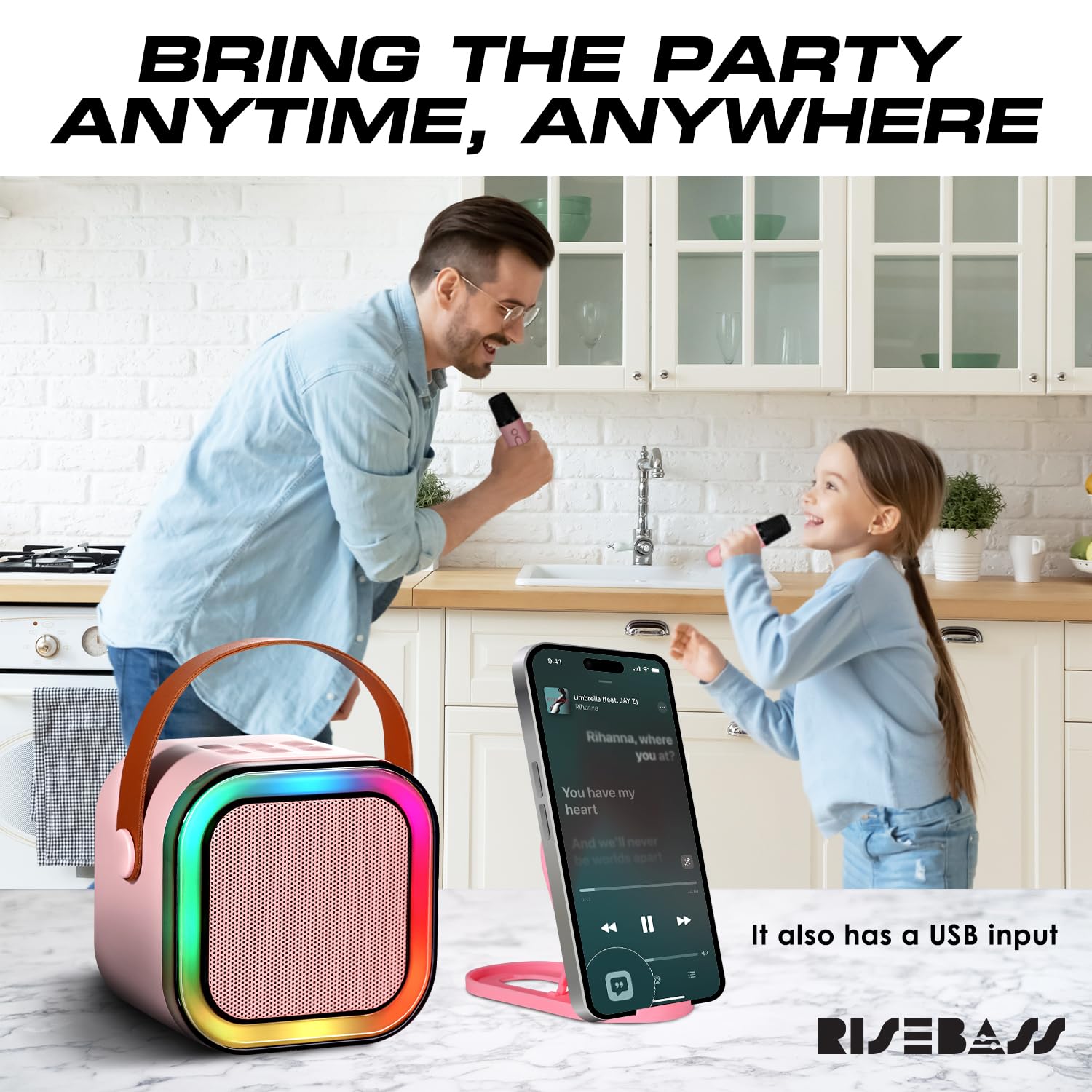 Risebass Mini Karaoke Machine for Kids Adults, Portable Bluetooth Speaker with 2 Wireless Microphones,Toys Birthday Gifts for Girls Ages 4, 5, 6, 7, 8,9,10,11,12+ Years Old Toddler Teens