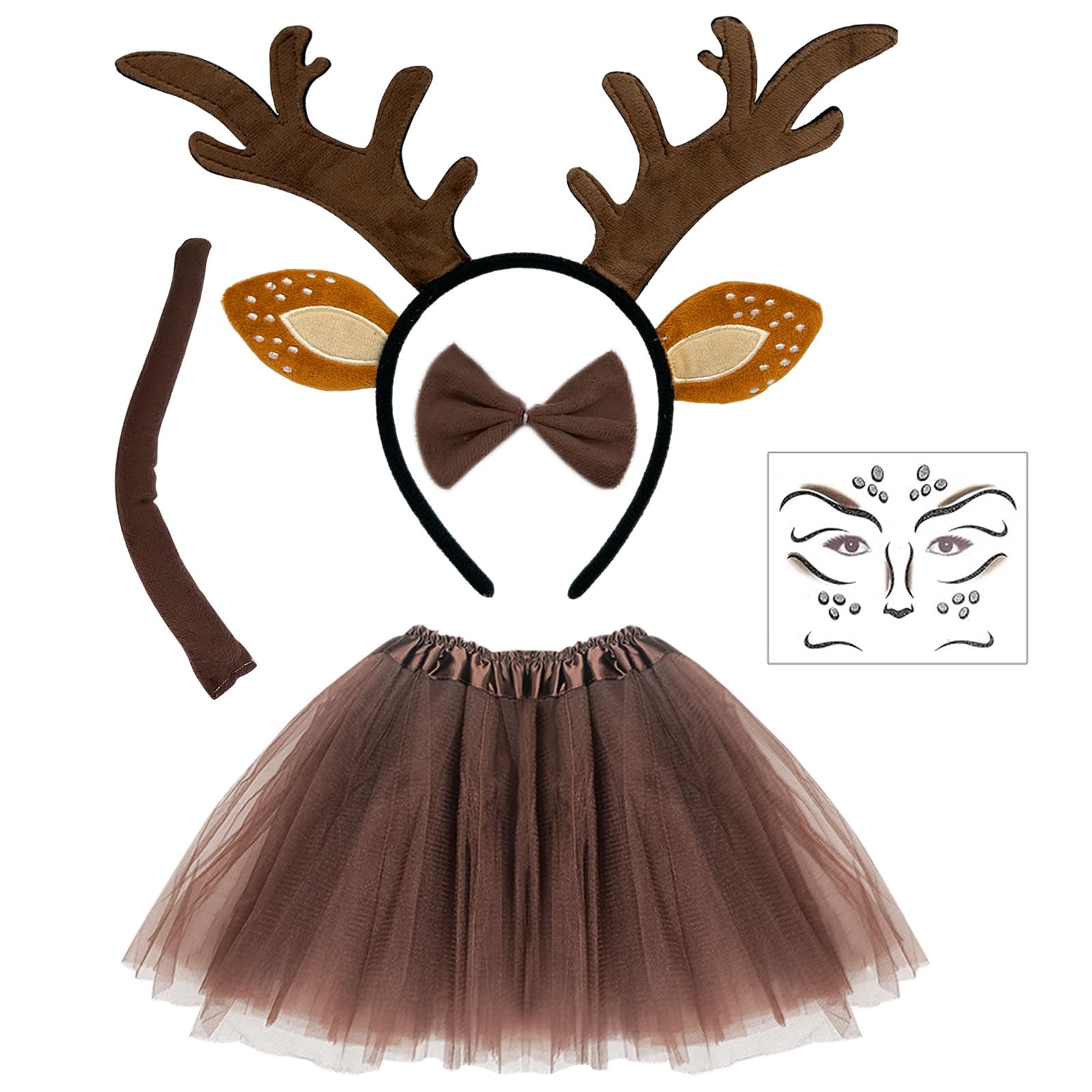 EUPSIIU Reindeer Headband, Deer Face Tattoo, Antler Headband, Reindeer Tail Bow Tie and Kids Tutu Skirt, Women's Costume, Halloween, Carnival, Christmas, Elves Party