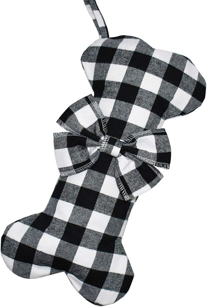 Stockings & Holders - Senneny Pet Dog Christmas Stockings Classic Buffalo Black White Plaid Large Bone Shape Hanging Christmas Stocking for Dogs Pets