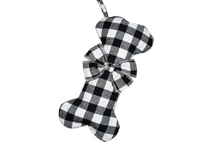 Senneny Pet Dog Christmas Stockings Classic Buffalo Black White Plaid Large Bone Shape Hanging Christmas Stocking for Dogs Pets