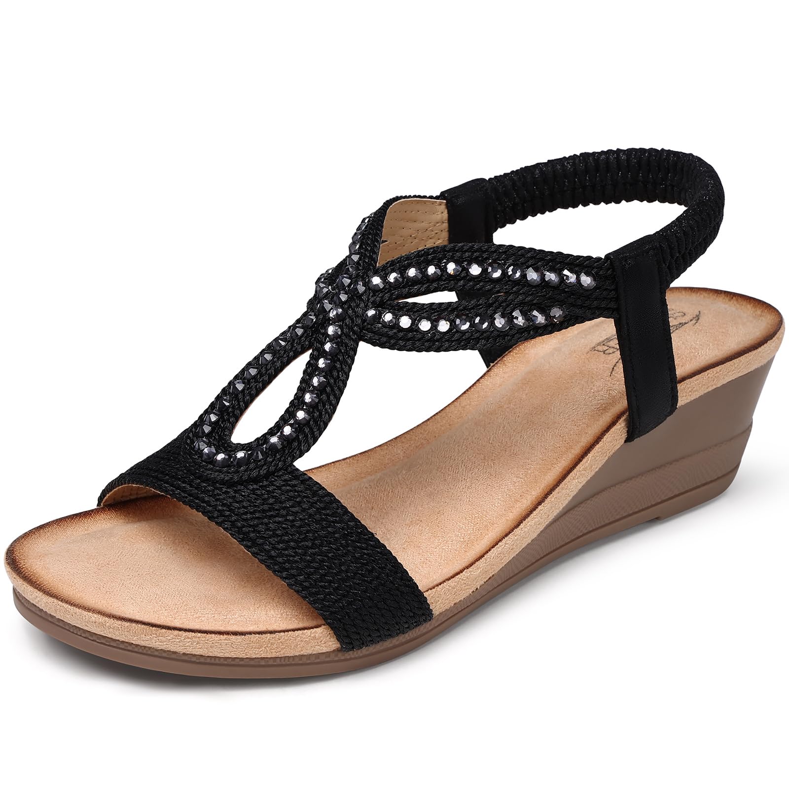 Photo 1 of SHIBEVER Wedge Sandals for Women Dressy: Black Ladies Size 7 Summer Low Platform Comfortable Walking Casual Sandal