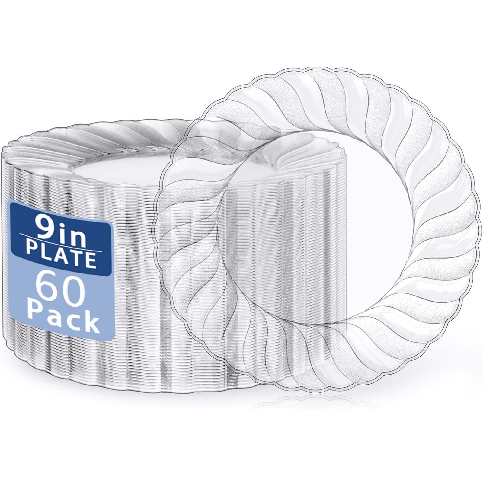 Photo 1 of U-QE 60 Pieces Clear Plastic Plates - 9 Inch Disposable Plates - Washable & Reusable - Premium Hard Clear Plates - Party Supplies for Birthdays, Celebrations, Travel, Wedding, Party and Events