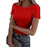 Roselux Women Crew Neck Ribbed Fitted Tight Tshirt Short Sleeve Shirt Basic Knit Top