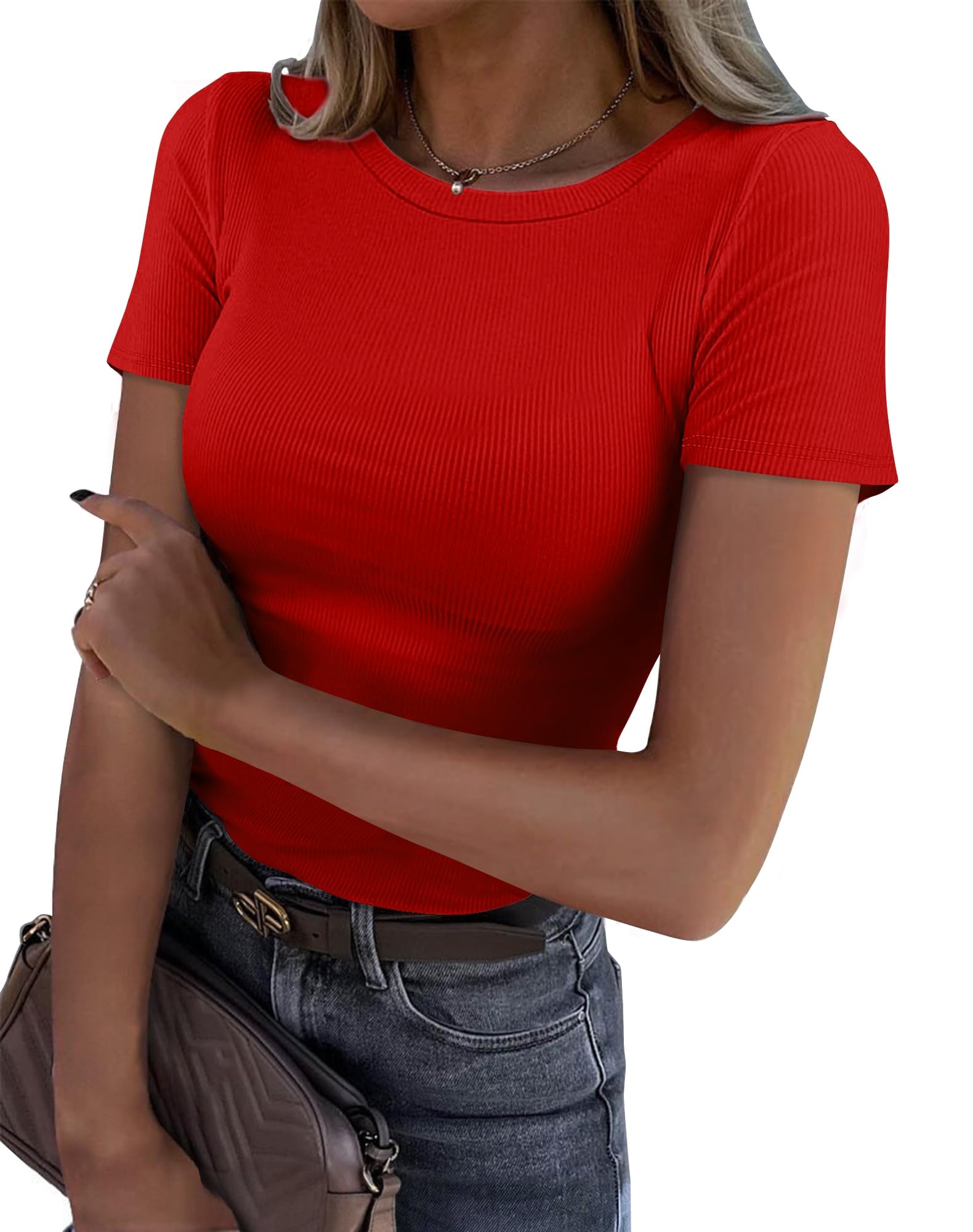 Photo 1 of Roselux Women Crew Neck Ribbed Fitted Tight Tshirt Short Sleeve Shirt Basic Knit Top(3695,Red-M)