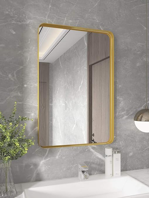 Amazon Com Rectangle Metal Frame Wall Mirror For Bathroom 24 X 36 Inch Wall Mounted Vanity Mirror Rounded Corner Gold Frame Decorative Mirrors For Living Room Bedroom Kitchen Dining