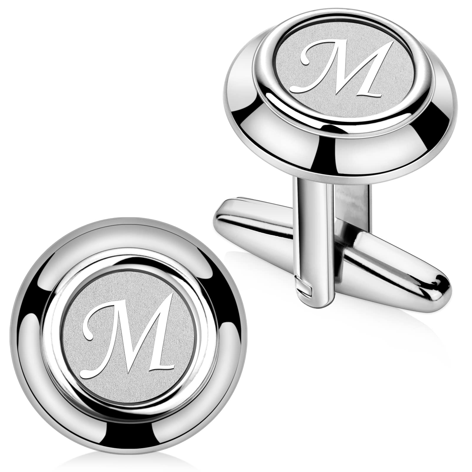 HAWSON Mens Classic Silver Cufflinks for Men Initials A-Z Formal Business Wedding Tuxedo Shirts